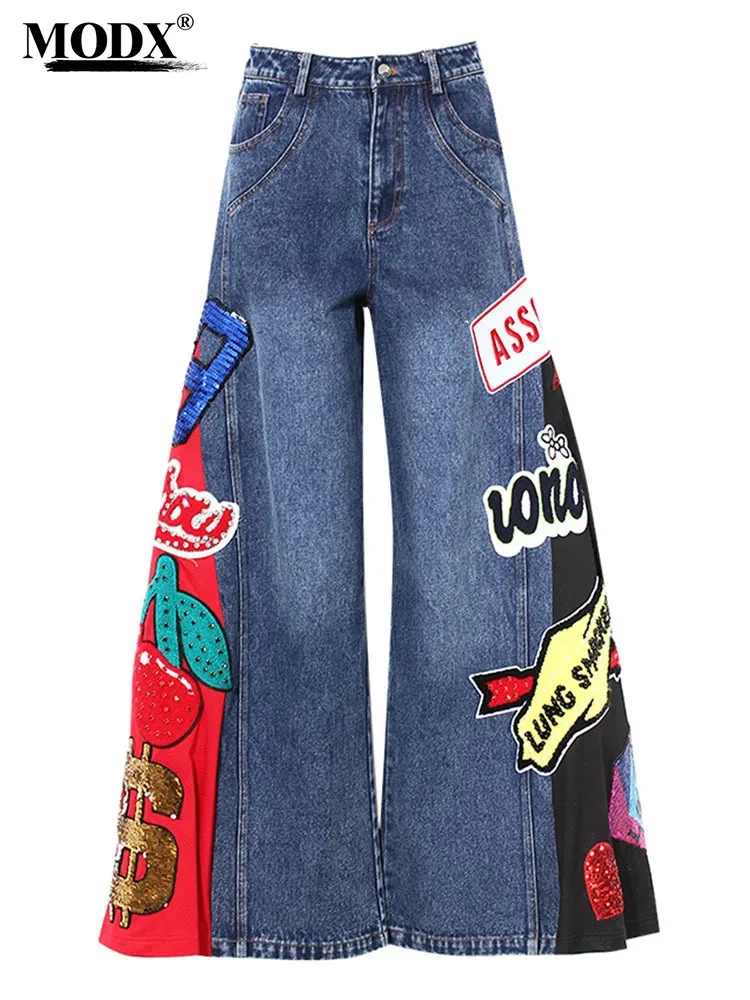 

[MODX] 2024 Autumn Women Crowd Design Jeans In Spring New Graffiti Stickers, Badges, Large Flares, Wide Leg