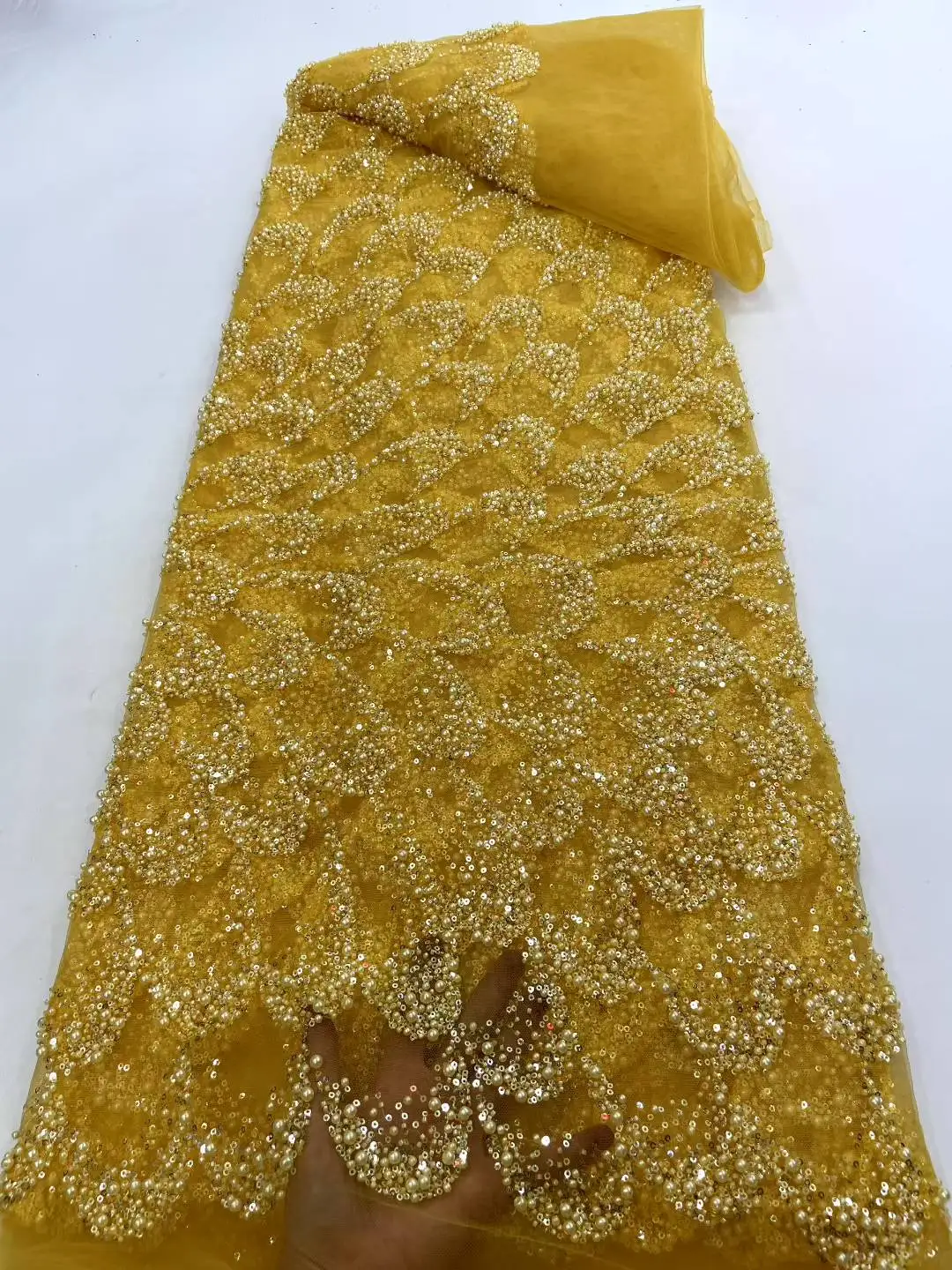 African Beaded  High Quality Nigerian Sequins With Pearl Lace French Tulle Lace Fabric For Party Dress Sewing