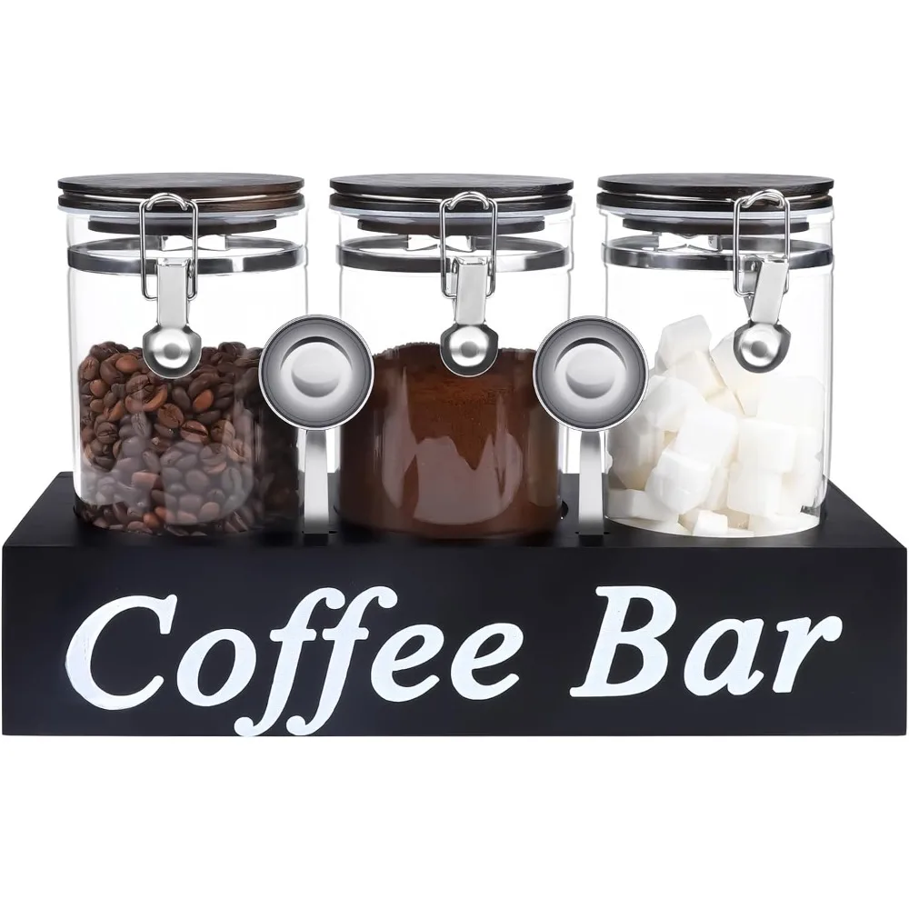 3PCS Glass Coffee Containers Shelf 54oz Coffee Station Organizer Glass Coffee Bean Storage Spoon  Canister Set Jars