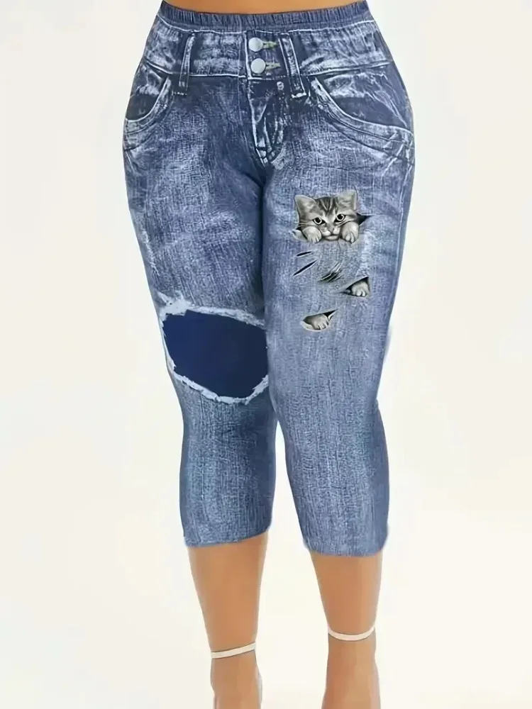 

Женские повседневные узкие капри с принтом кота больших размеров, леггинсы, брюки, женские модные узкие брюки с кошачьим принтом, брюки