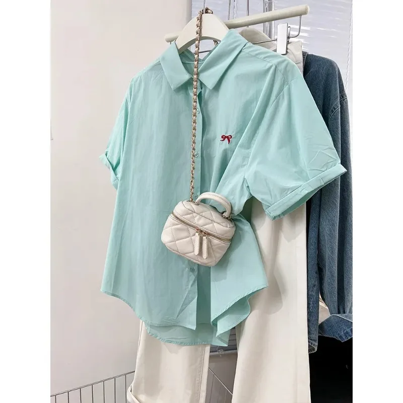 

Women's Mint Green Bow Embroidered Short Sleeve Shirt Loose Casual Blouse For Summer