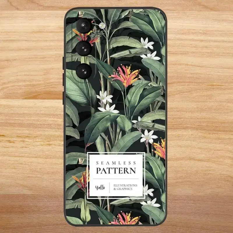 Tropical Floral Botanic Leaves Phone Case For Samsung S23,23,22,30,21,10,9,Note20 Ultra,Lite,Ultra,5G,Plus,FE,Black Soft Case