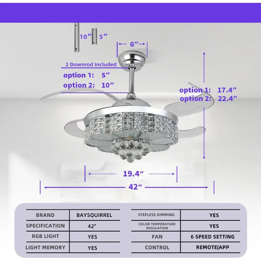 Crystal Ceiling Fan, 6 Speeds Retractable with Light, 3-Color LED Dimmable Chandelier & Color Temperature Memory, Ceiling Fan