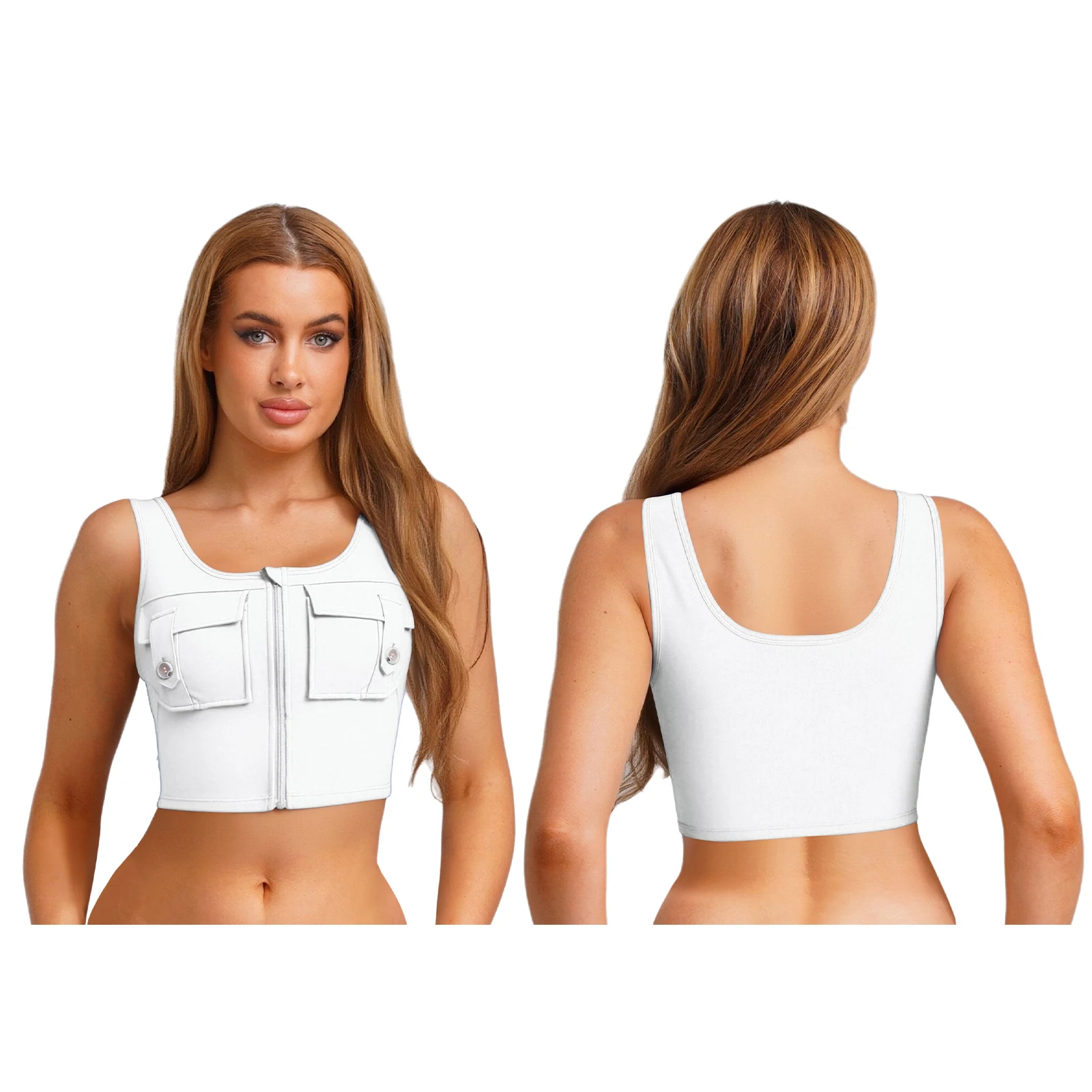 

Women Stylish Flap Pockets Zipper Mini Tank Tops Athletic Daily Casual Fitness Sports Exercise Crop Tops Summer High Look Vests