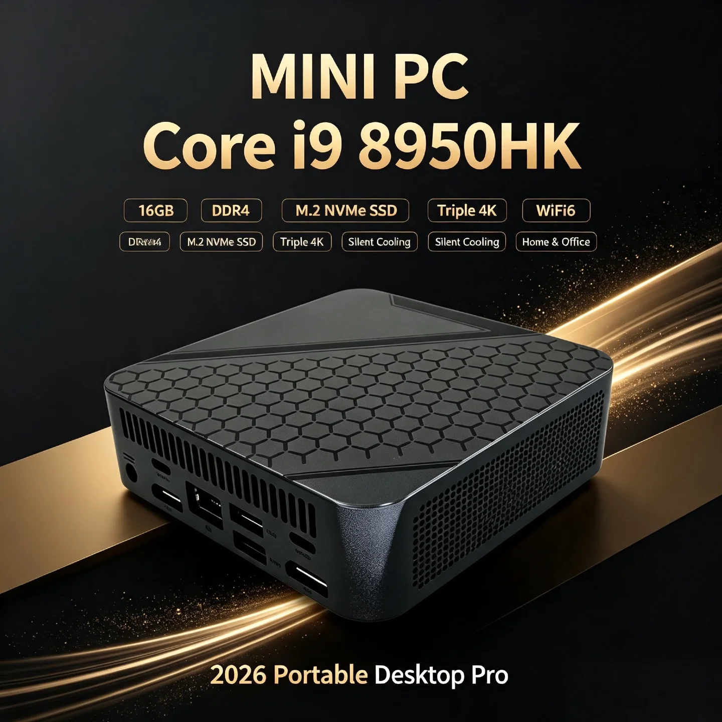 2026 Intel i9 8950HK Portable Mini PC 16GB DDR4 M.2 NVMe SSD WiFi6 Silent Cooling Triple 4K Office Home Desktop Pro
