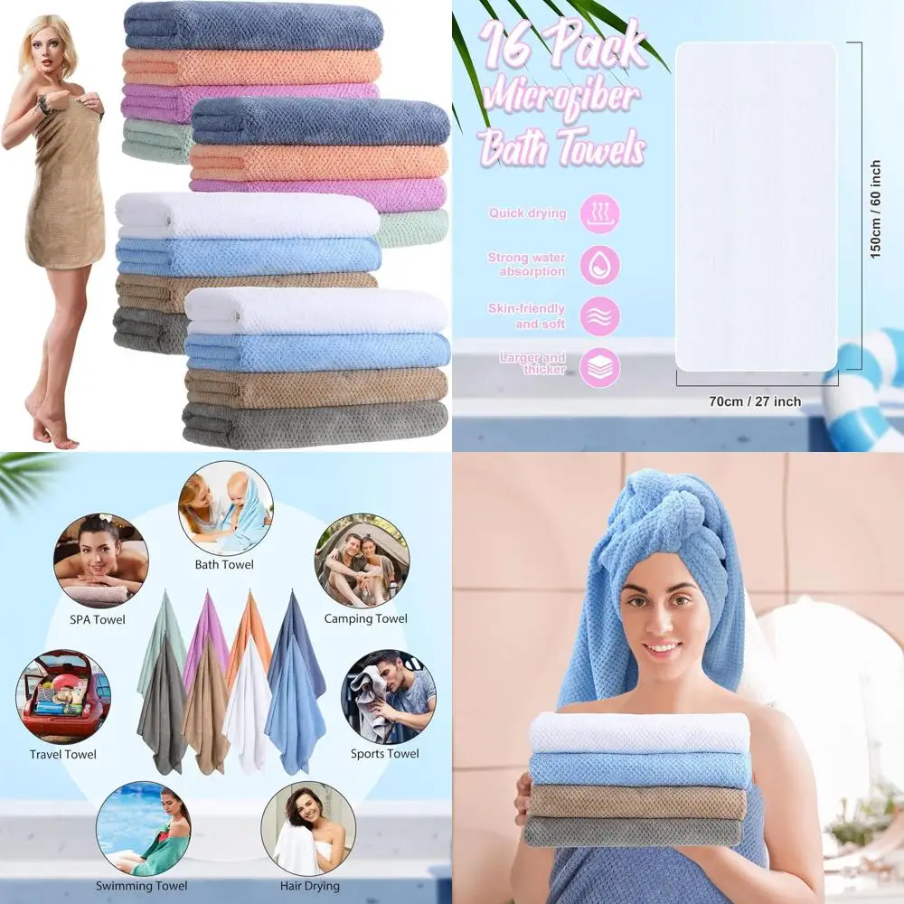 Bulk Paquete de 16 toallas de baño de microfibra de gran tamaño 27x60, suaves y absorbentes para ducha, playa, gimnasio, salón