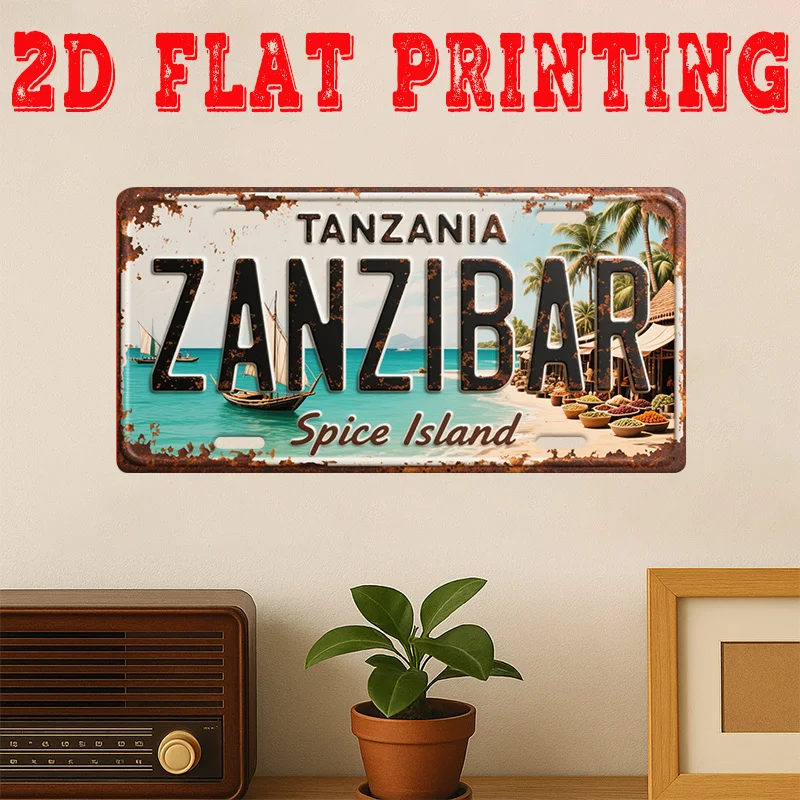 Póster plano 2D - 1 pieza, Letrero plano 2D de la Isla de Zanzíbar - Mapa retro de Tanzania con texto en árabe, decoración de pared, Isla de las Especias