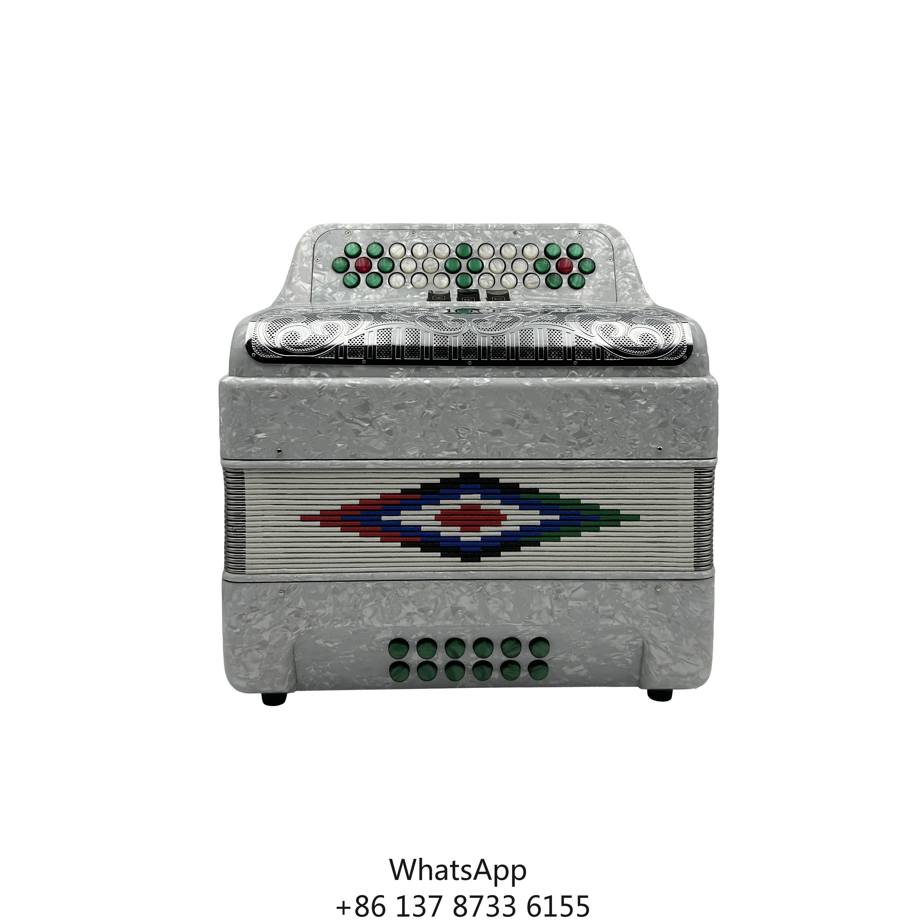 

Golden Cup JB3412C Профессиональный 34 кнопки 12 басов 3 регистратора Белый целлулоидный корпус Аккордеон Серебряные кнопки гриля