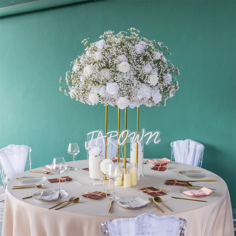 2.5ft Dia Artificial White Rose Green Baby Breath Silk Flower Ball for Mariage Decoration Table Centerpiece Flowers Supplier