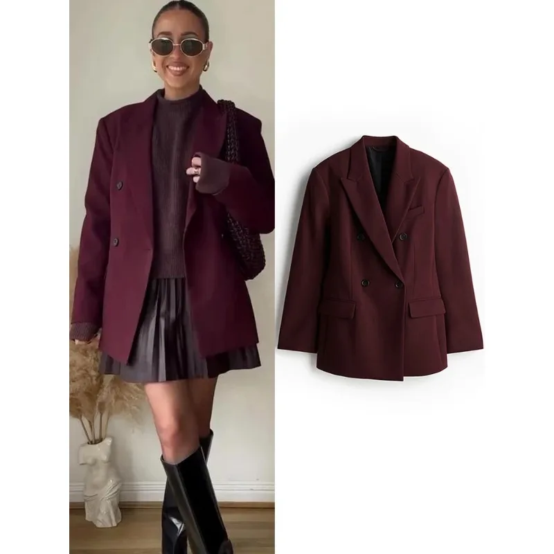 

Fashion Solid Wine Red Blazer Jacket For Women Elegant Double Breasted Suit Coats Female Lapel Long Sleeve Office Lady Outerwear