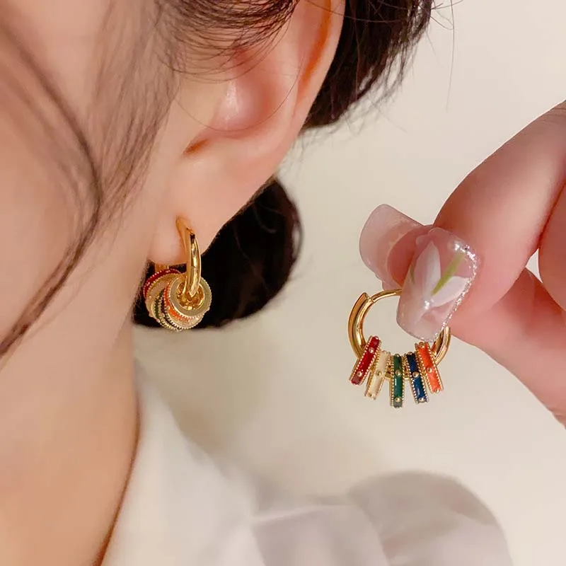 Vintage Colorful Enamel Drip Oil Hoop Earrings For Women 2024 New Fashion Design Multilayer Detachable Circle Earrings Jewelry