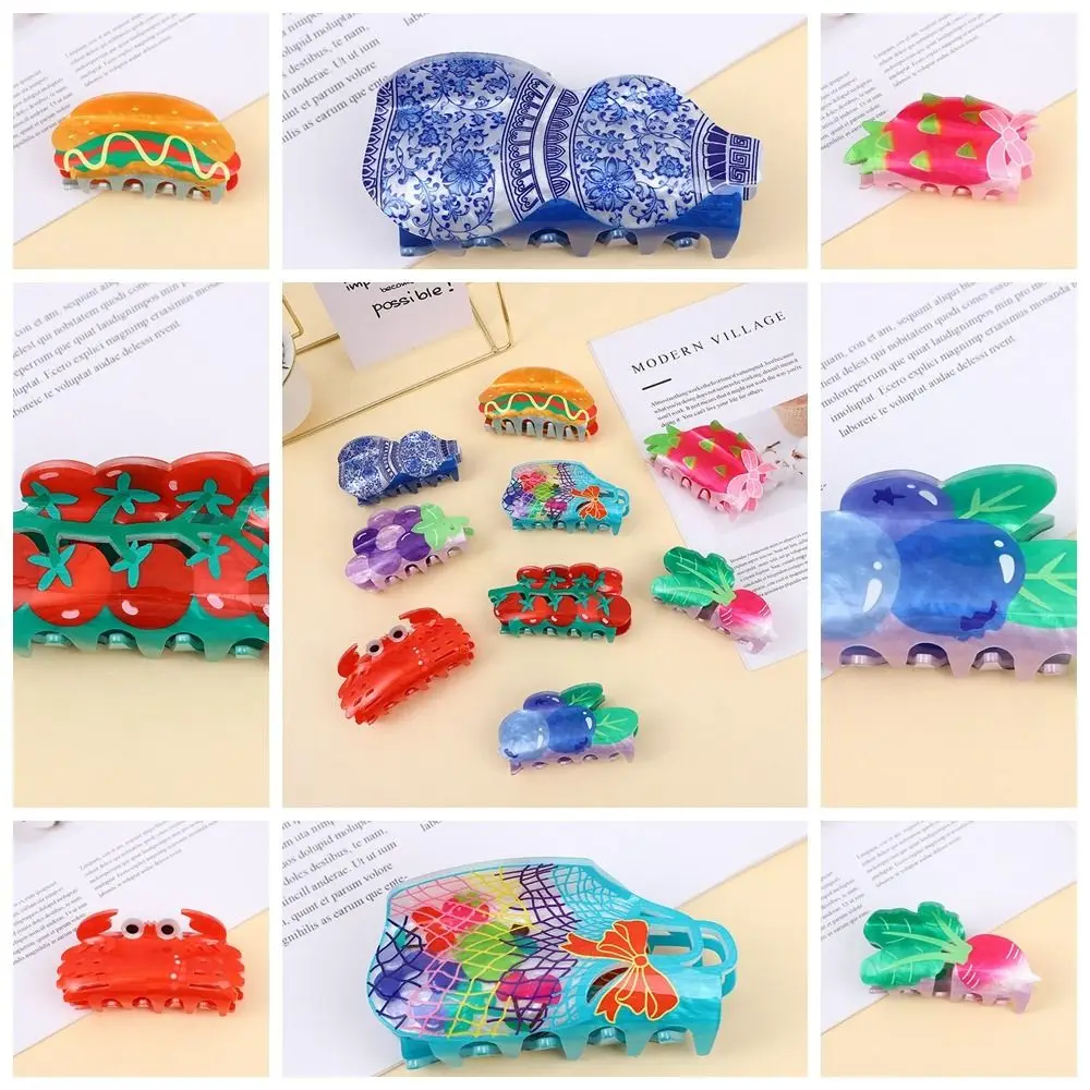 Personalized Acrylic Flower Hair Claw Tomato Hamburg Fruit Hair Clip Geometry Grape Simulated Food Shark Clip Travel