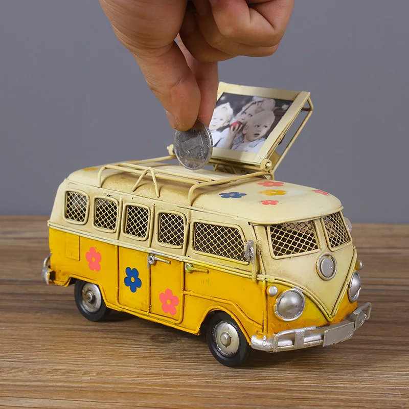 Vintage Bus Model Piggy Bank With Mini Photo Frame Home Decoration Car Crafts Handcrafts Figurines Retro Ornaments Decor