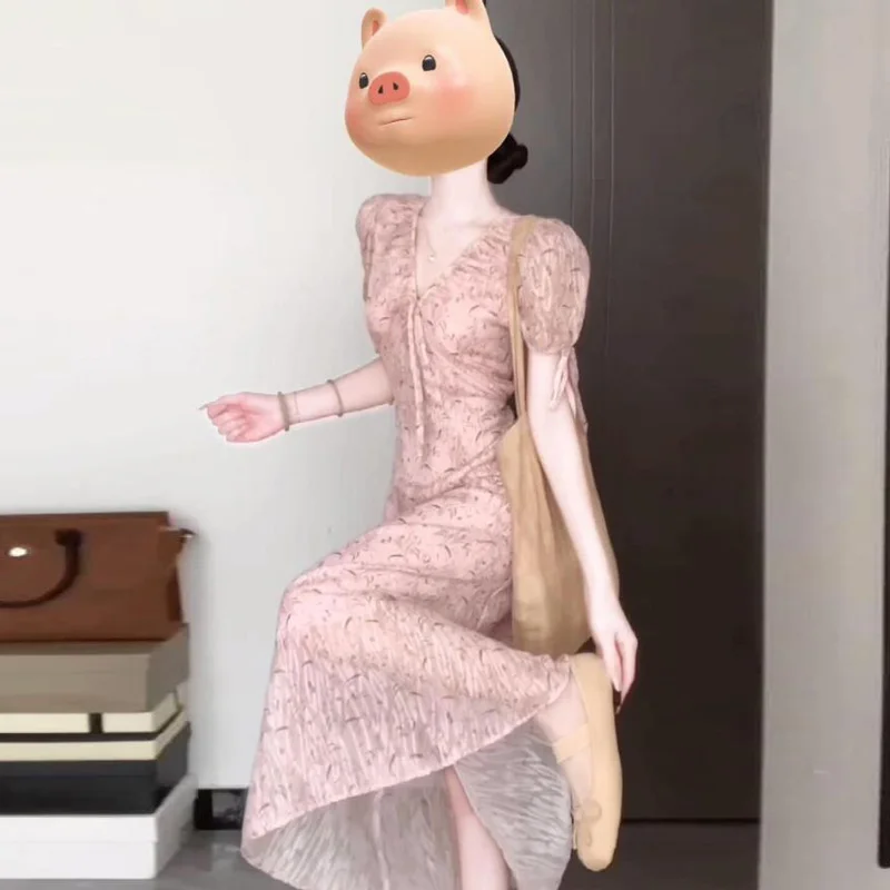 

Ретро-платье с цветочным принтом для чаепития, с пышными рукавами, приталенное, красивое длинное платье во французском стиле из хлопка для города