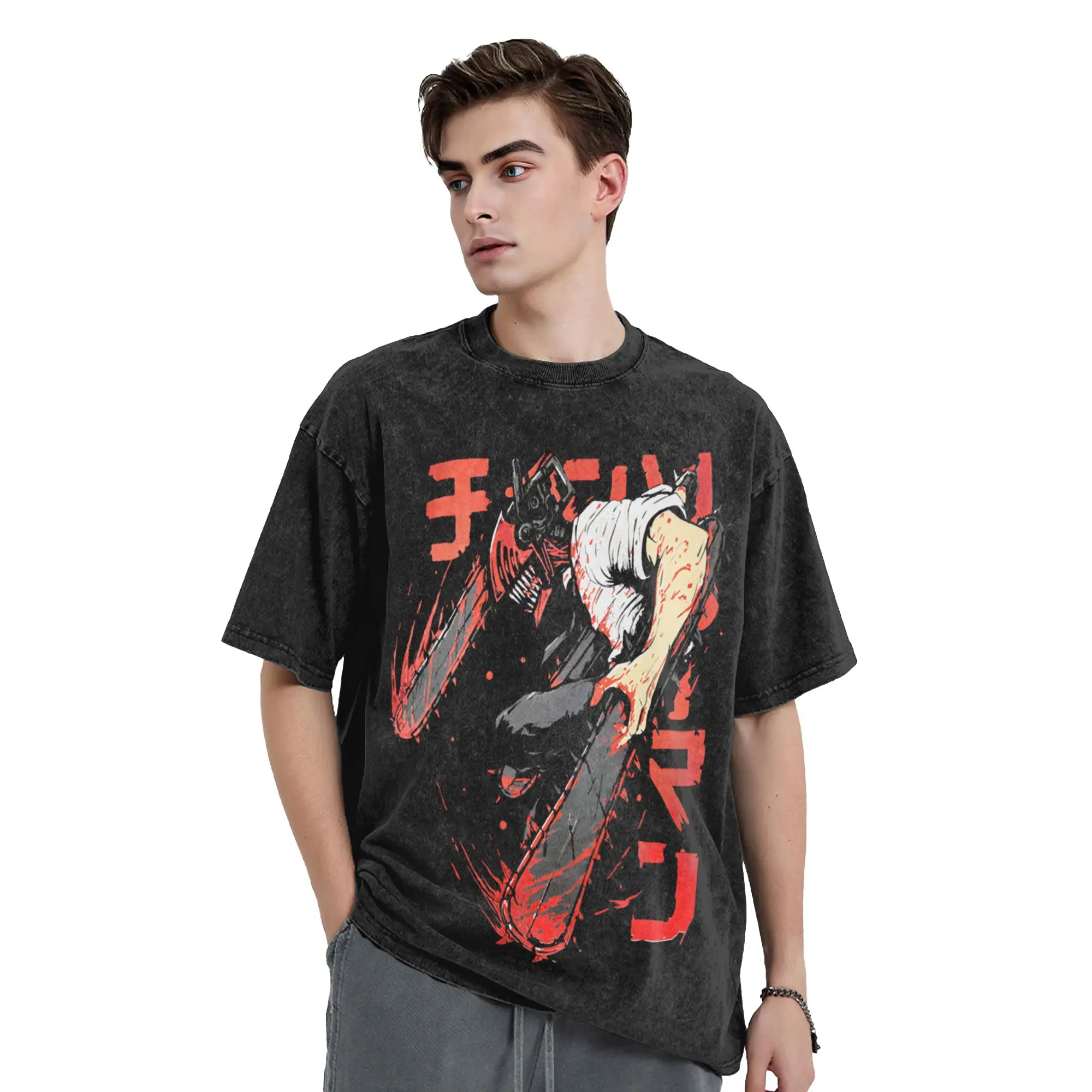 Chainsaws Man Denji Vintage Washed T Shirt  100% Cotton Casual T-Shirts Crew Neck Manga Anime Chainsawman Tees Plus Size