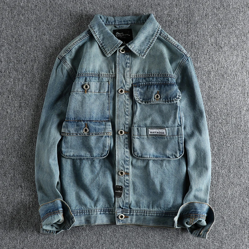 Heavy Retro Jean Jacket men's new three-dimensional garment pocket youth cardigan jacket