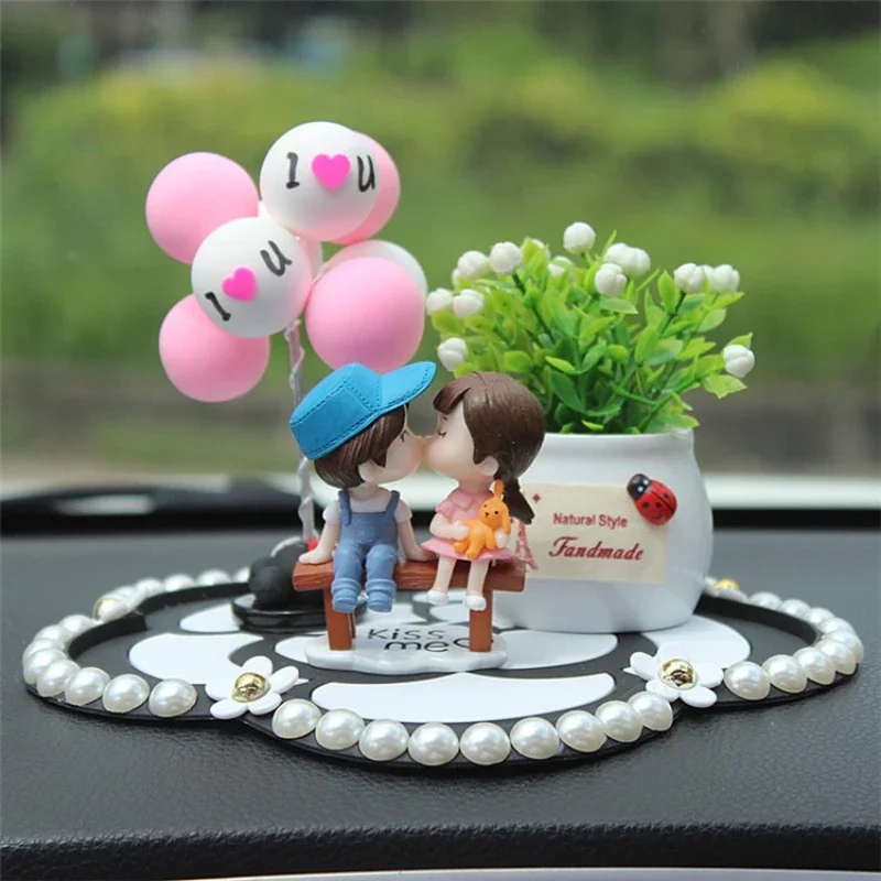 Kawaii Cartoon Car Decor Couple Diamond Kiss Luck Fruit Fragrance Cute Auto Interior Women Pink Dashboard Ornaments Accessories