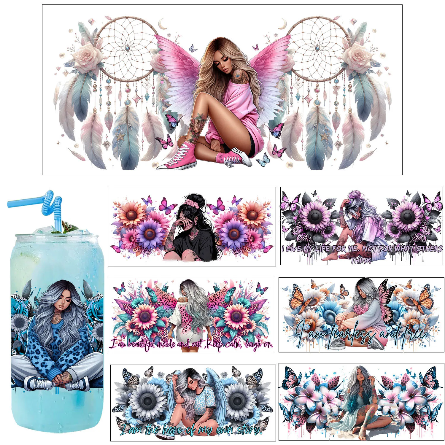 Fashion Sunshine Girl 16oz UV DTF Waterpoof Sticker Party DIY Decals 3D transfers uvdtf tumbler stickers 16oz uv dtf cup wraps