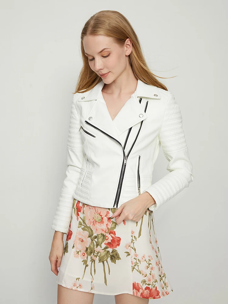 Chaquetas blancas de piel sintética para mujer, ropa de calle de manga larga con cremallera para motorista, talla grande 3XL, Otoño e Invierno