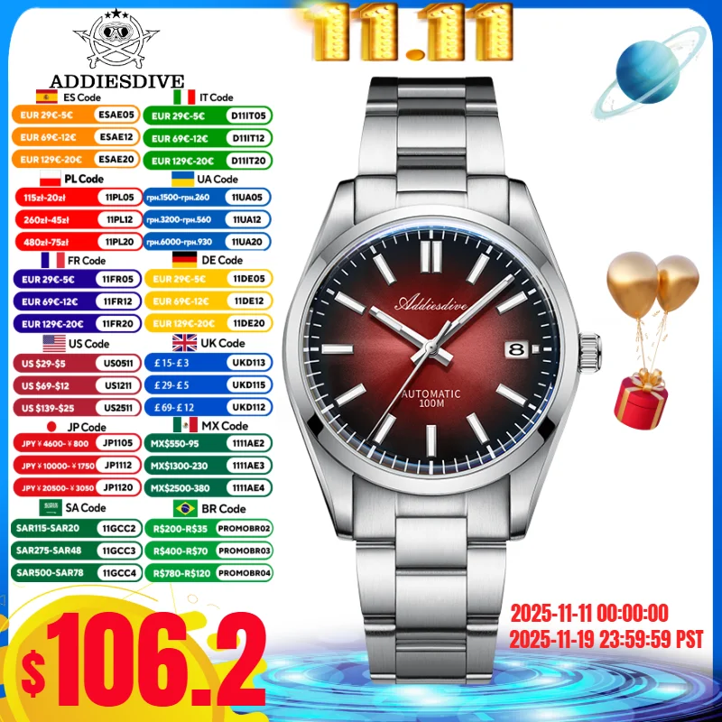 

ADDIESDIVE NEW Men's Luxury Watch 10Bar Diving Sunburst Dial Sapphire Glass Japan NH35A Automatic Mechanical Watches