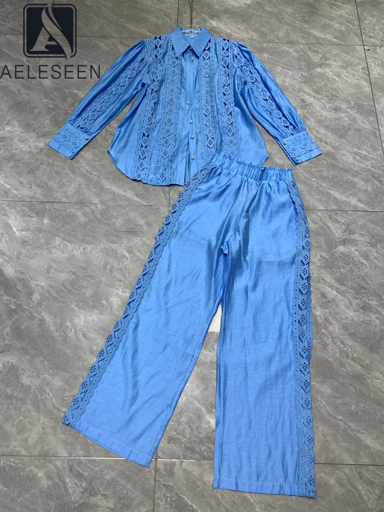 AELESEEN Designer Fashion Spring Summer Set Women Turn-down Collar Full Sleeve Hollow Out Blouse + Long Pants See-through Set