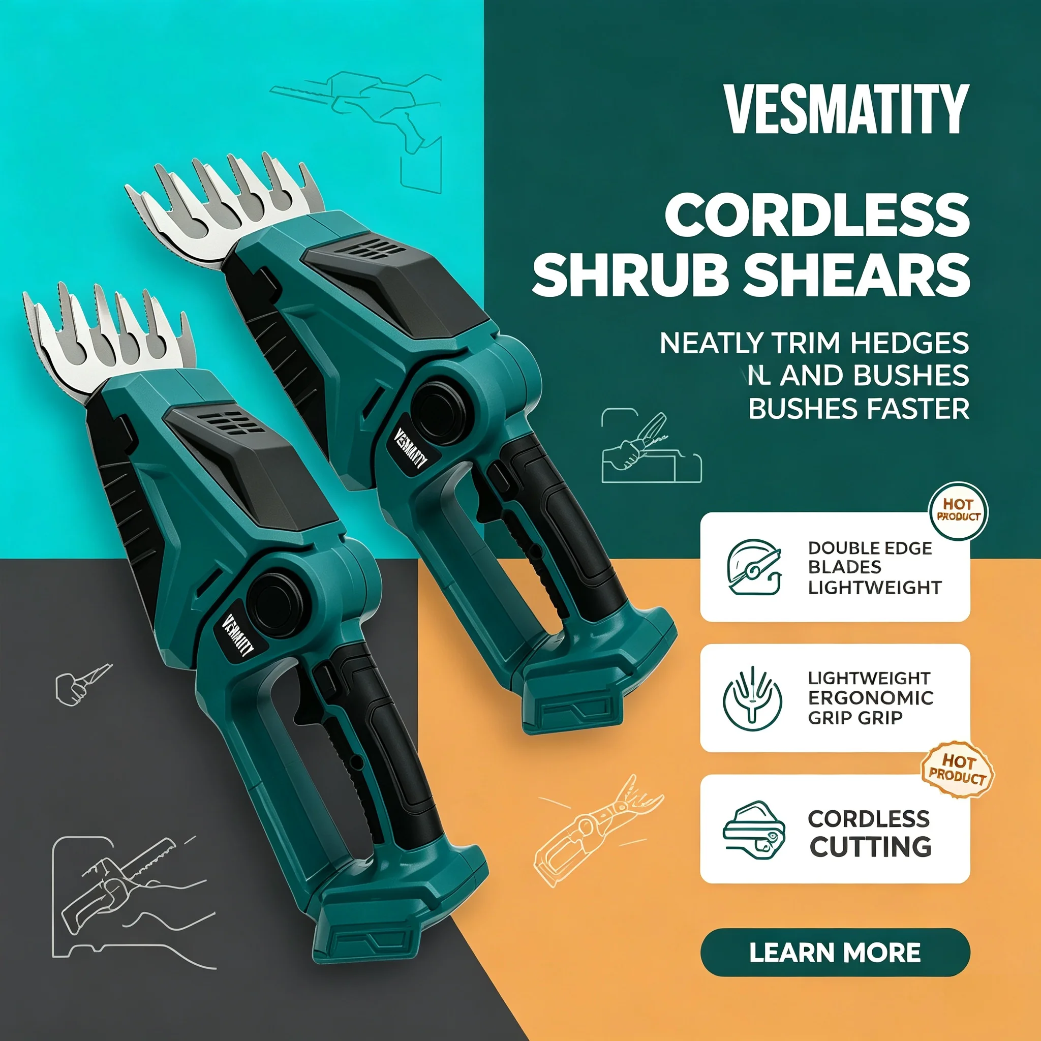 21V Cordless Hedge Trimmer Brushless Double Blade Garden Shears Pruning Tool Compatible with 18V Battery (Tool Only)