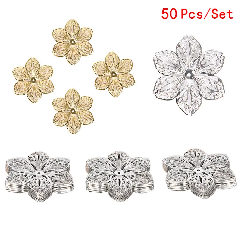 50Pcs Mixed Metal Flower Leaves Filigree Wraps Connectors Pendant Gold Beads Caps Charms for DIY Jewelry Making Craft Supplies