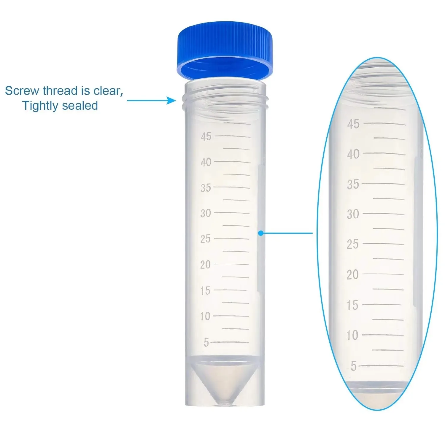 50-ml-Kunststoff-Zentrifugenröhrchen mit konischem Boden und Schleife, mit Graduierungsmarkierungen, blaue Schraubkappe, wissenschaftliches Reagenzglas für Experimente, 20 Stück. – Detail 3