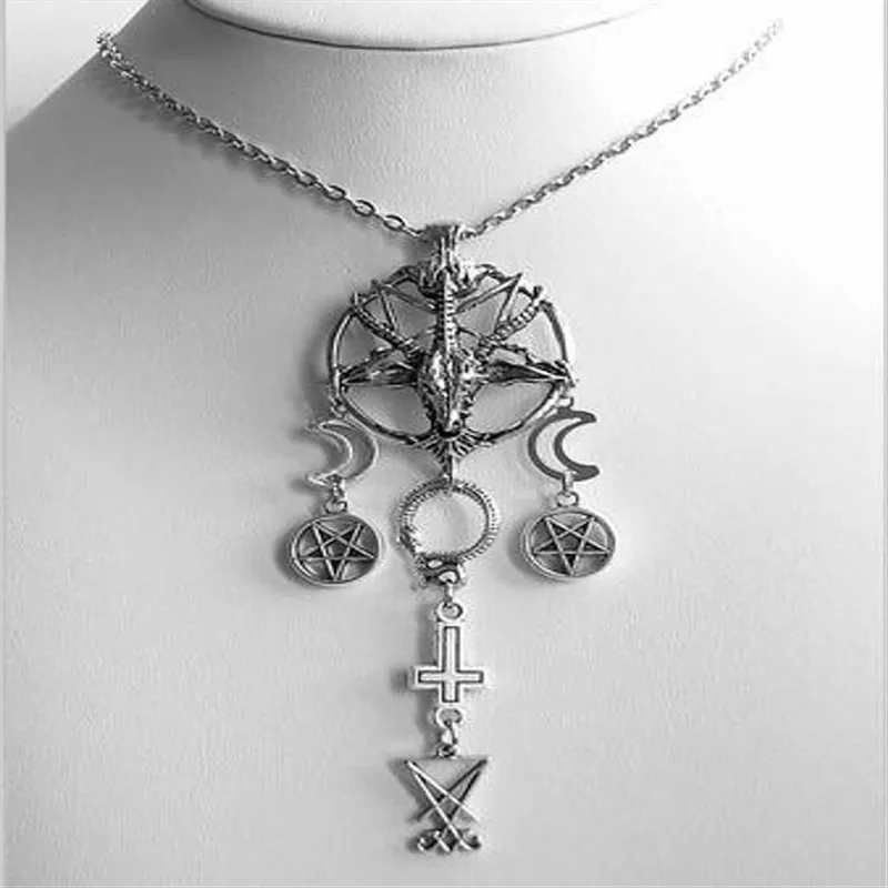 Colar Gótico Satânico Baphomet Lúcifer com Pingente Pentáculo Cabeça de Bode Divina, Joia Masculina de Destaque Gótico Punk, Presente Sombrio da Sorte
