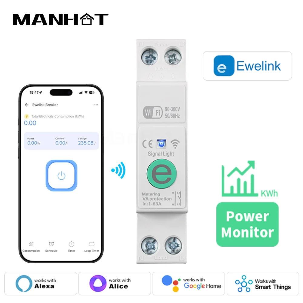 MANHOT EweLink 63A DIN-Schienen-Schalter, intelligenter Leistungsschalter mit Messfunktion, Spannungs- und Stromschutz, funktioniert mit Alexa und Google Home