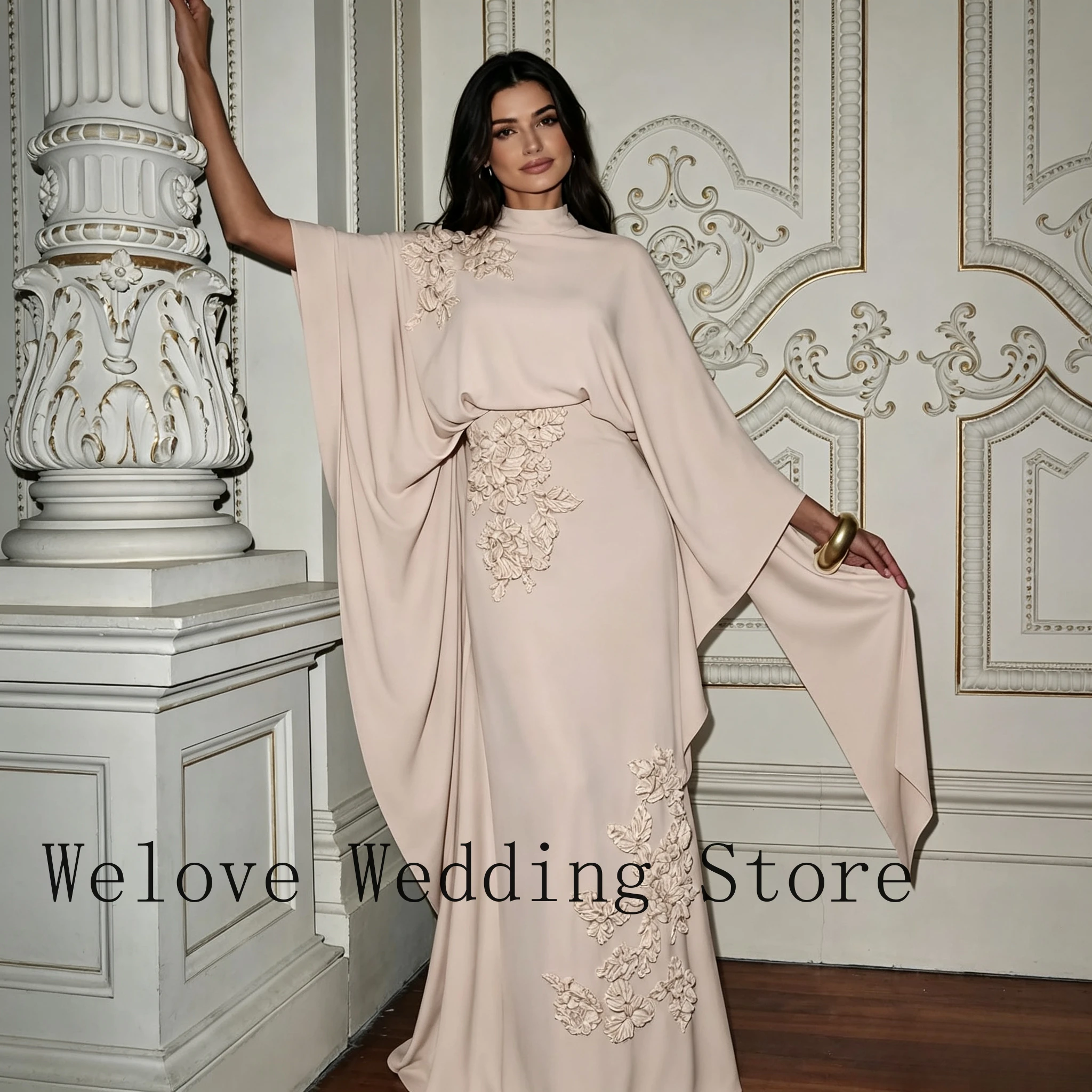 Formal Modest Evening Gown with High Neck, Cape Sleeves, 3D Floral Appliques and Mermaid Silhouette for Bridal Events and Gala