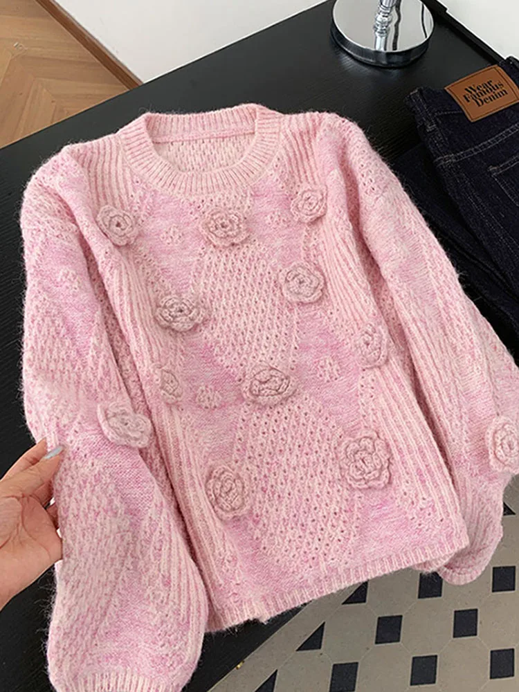 

Chic Hollow out Knitted Sweater Women's Soft Fluffy 3D Flower Autumn Winter New Style Korean Fashion Long Sleeve round Neck Top