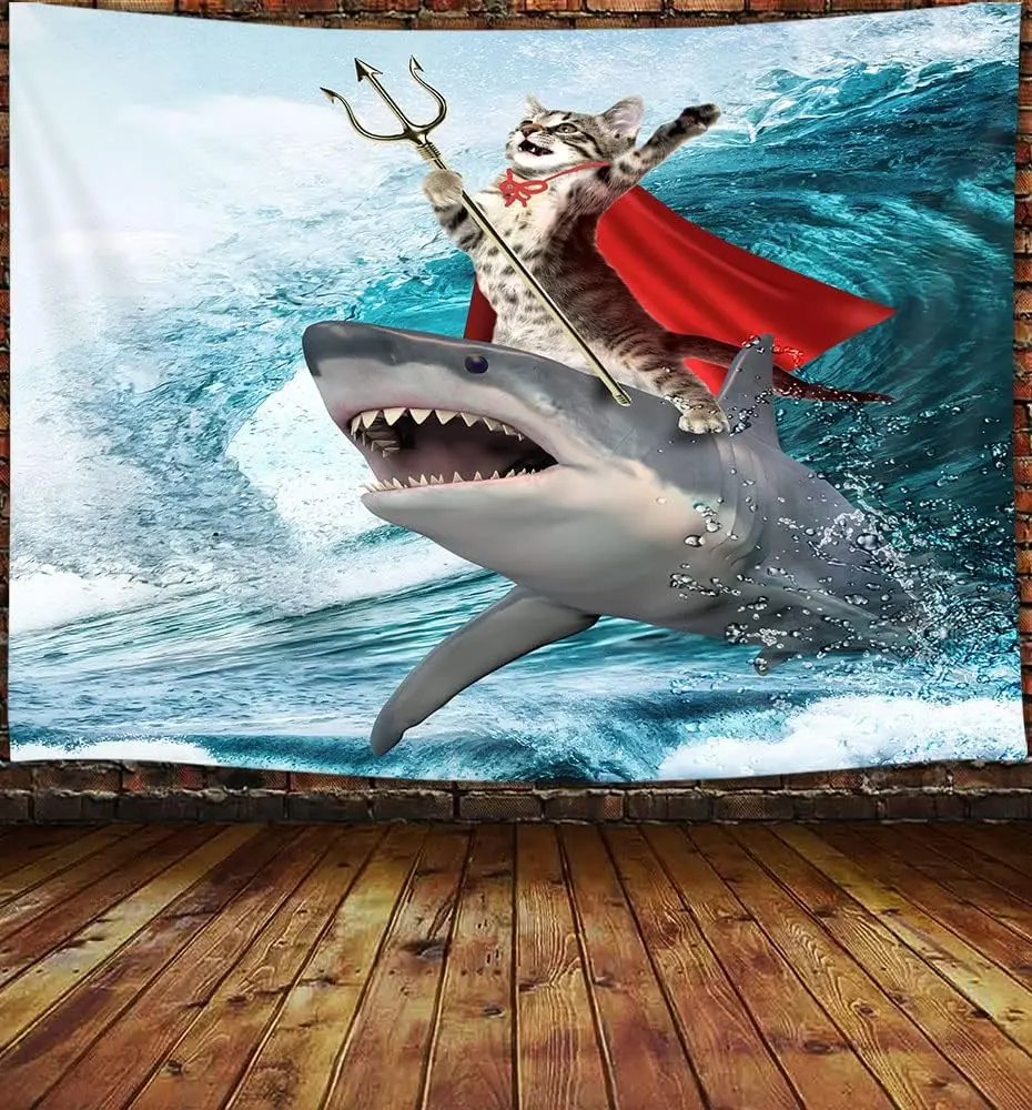 High-quality Polyester Tapestry Ocean Cat Shark Wall Decor Nautical Marine Pop Art Fabric Hanging for Living Room Bedroom Coasta