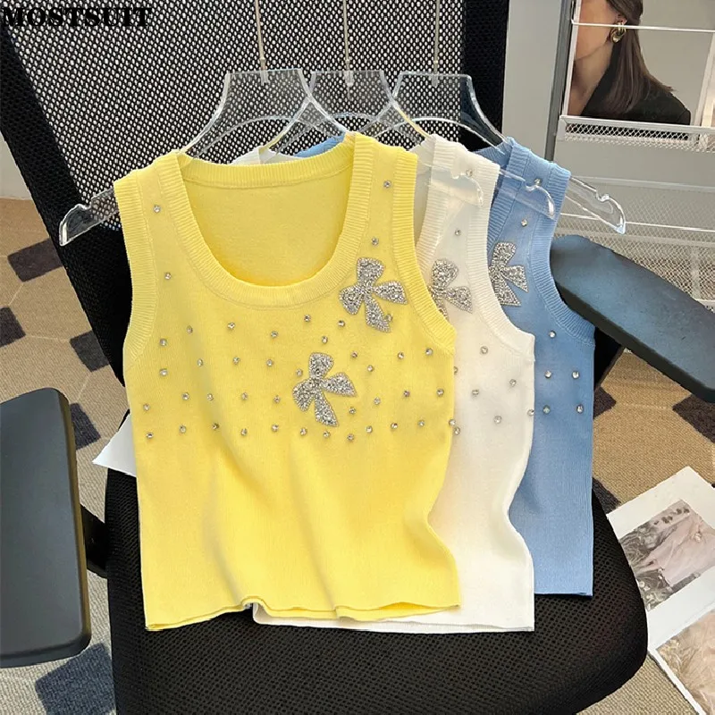 

Diamonds Beaded Sweater Vests Women Crop Tops Pullovers 2024 Summer Stylish Fashion Chic Ladies Sleeveless O-neck Jumper Vest