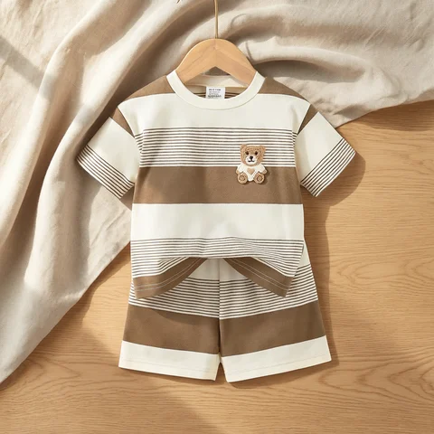 2025 New Baby Summer Cool Breathable Knit Round Neck T-Shirt + Shorts 2-Piece Set Outfit for Boys Girls Infant Toddler Clothing