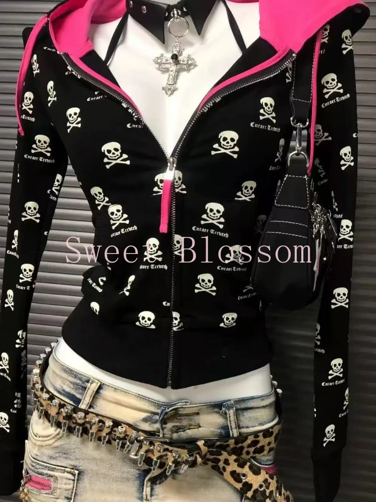 Nový vintage punkový černý lebkový tištěný kardigan pro ženy American Dark Academia Slim Thin Bunda Hign Street Casual Clothes Jarní oblečení - náhled 5