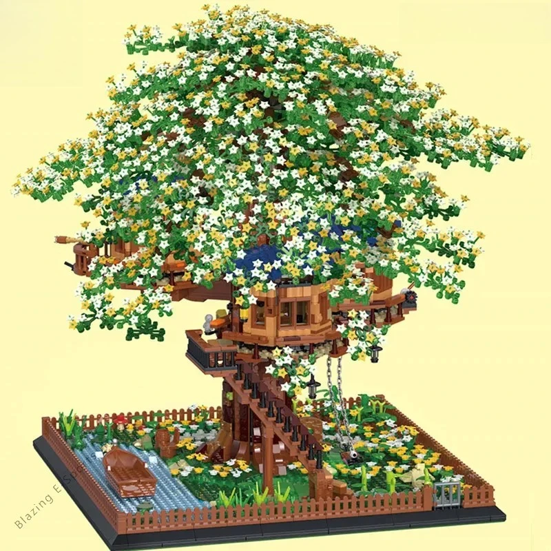 MOC 별빛나는 트리 하우스 꽃다발 빌딩 블록 세트 하늘 빛나는 정원 소원 숲 오두막 DIY 장난감 생일 선물