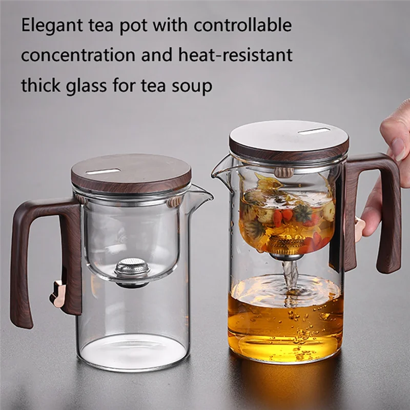 

J1UL1N 720ML Glass Teapot Water Separation Inner Container One Click Magnetic Switch Tea Filtration Tea Pot Wood Handle Cup Set