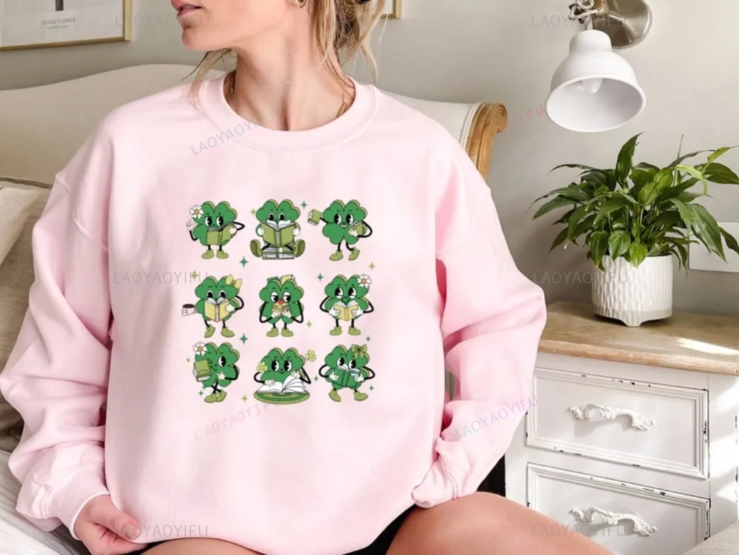 Funny Cartoon Sweatshirt Shamrock Book Lovers Librarian Hoodie Funny Pattern Hoodies Women Pullover Sweatshirt Casual Wear