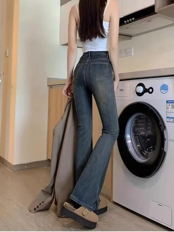 High Waist Double Button Bell Bottom Jeans Women's Spring Autumn Slim Fit Large Size Retro Vintage Butt Lifting Long Pants