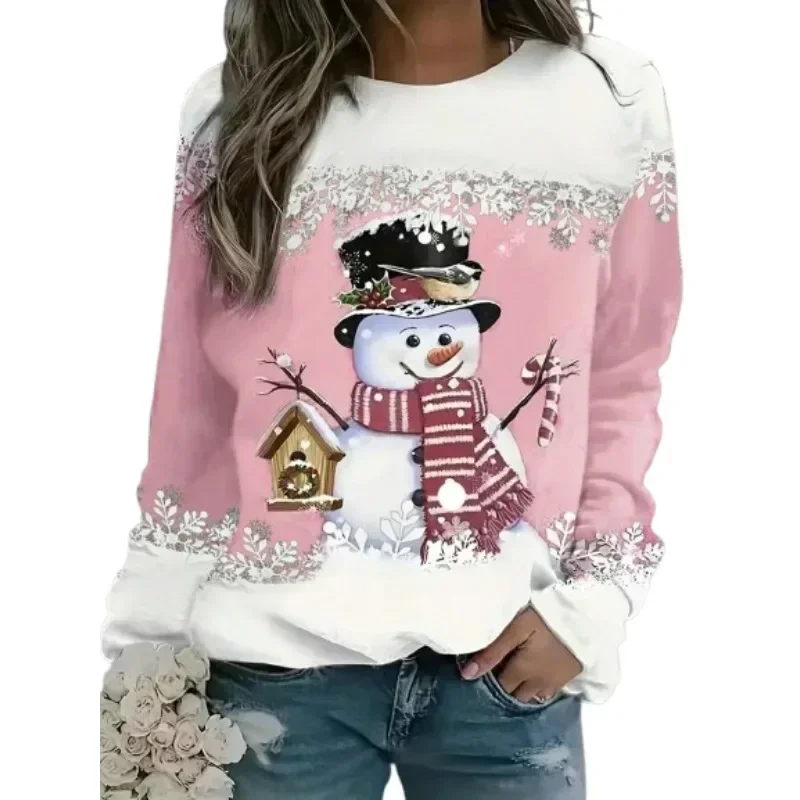 Plus Size 1XL-5XL Herfst Damesmode Item Sneeuwpop Print T-shirt Dames Contrasterende Kleur Comfortabele Lange Mouwen T-shirt