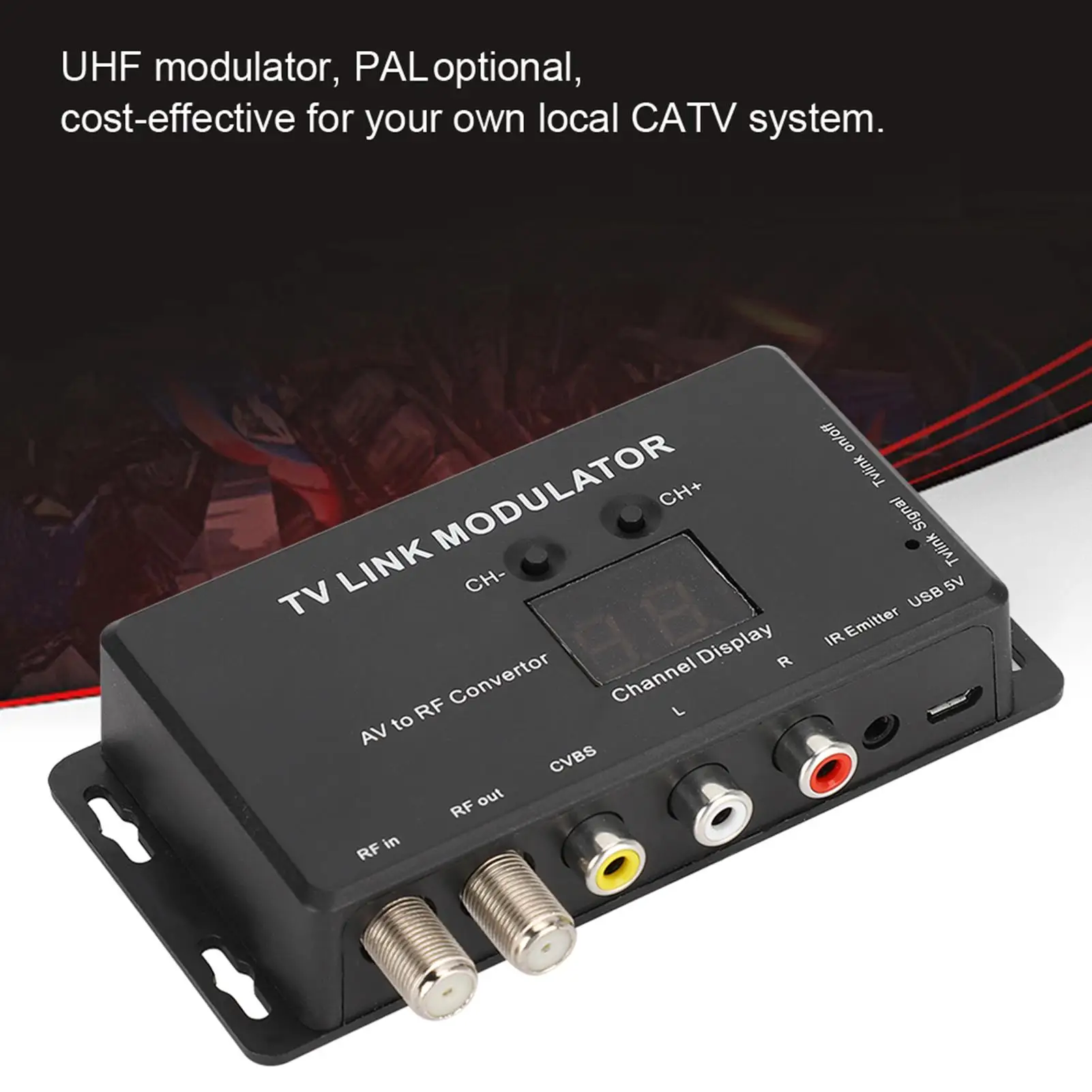 TM70 UHF TV Link Modulator AV to RF Converter with IR Extender, 21 Channels, PAL/NTSC, for CATV System