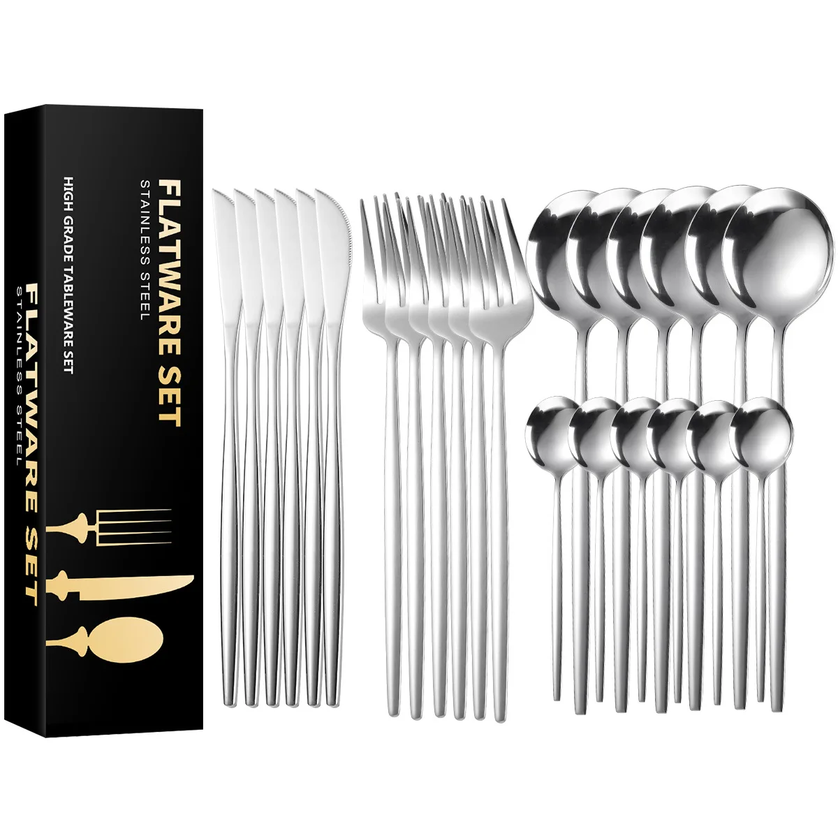 24Pcs Stainless Steel Dinnerware Set Black Gold Cutlery Spoon Fork Knife Western Cutleri Silverware Flatware Tableware Supplies