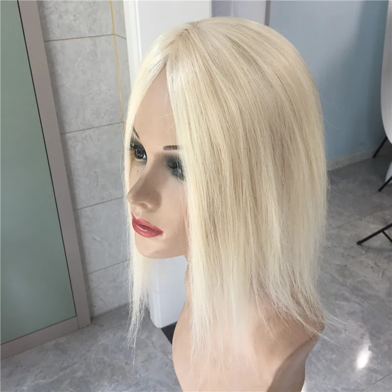 Vsr 9x13 #60 Platinum Blonde Human Hair Topper For Women Sewn With Three Clips Invisiable Hand Tied Hair line Hair Toppers