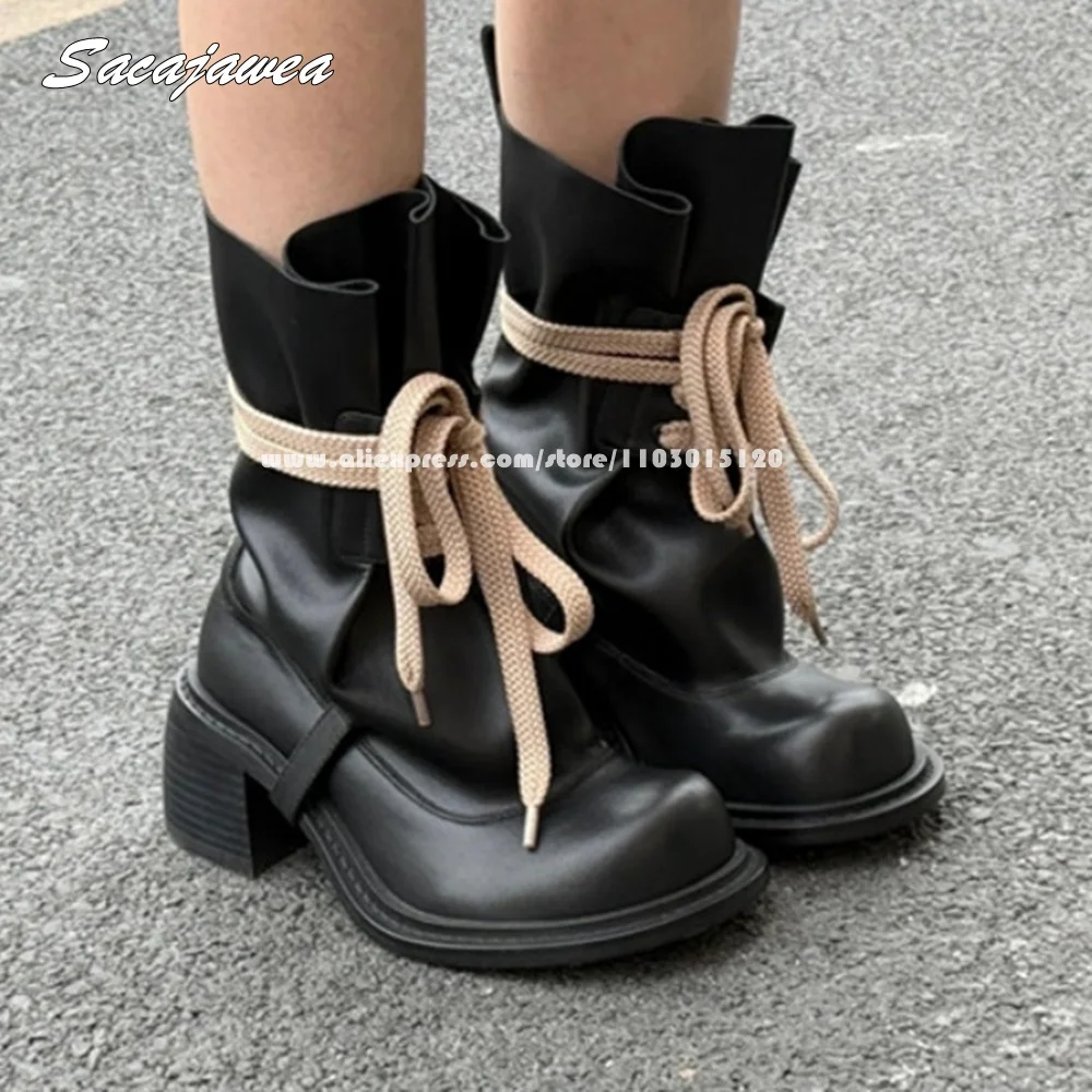 

Retro Matte Punk Style Front Lace Up Mid Calf Lady Boots Round Toe Platform All-Match Casual Shoes Size 35-40 Chunky Heel Boots