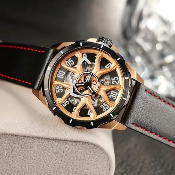 OBLVLO Men Automatic Watch 42mm Mechanical Wristwatch 50M Waterproof Sapphire Mirror Skeleton Carwheel Dial Miyota Mov