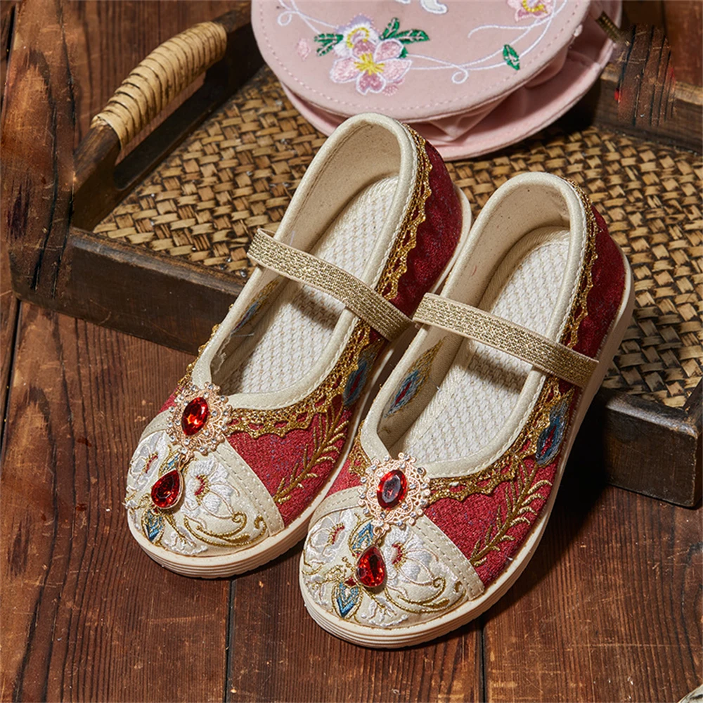 Hanfu zapatos de princesa bordados para niñas, zapatos planos de tela de Pekín antiguo, estilo étnico, accesorios de disfraces antiguos, zapatos de baile para niños