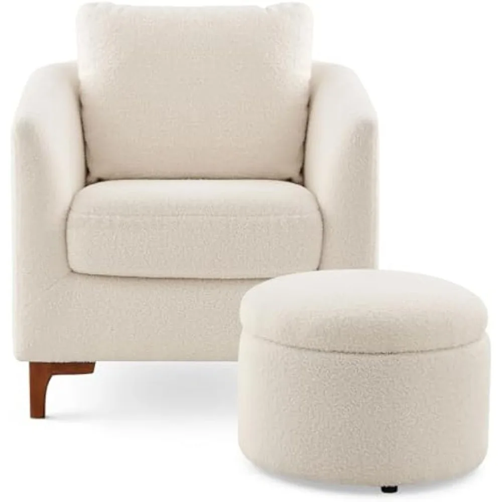 Sherpa Accent Chair with Storage Ottoman Set, Upholstered Barrel Club Arm Chair with Footrest, Mo, Corner, Reading Nook, Cream