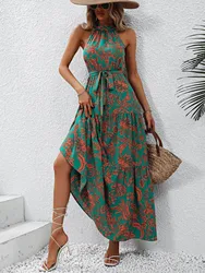 European and American women's elegant and fashionable temperament, hanging neck, backless sleeveless belt, printed dress