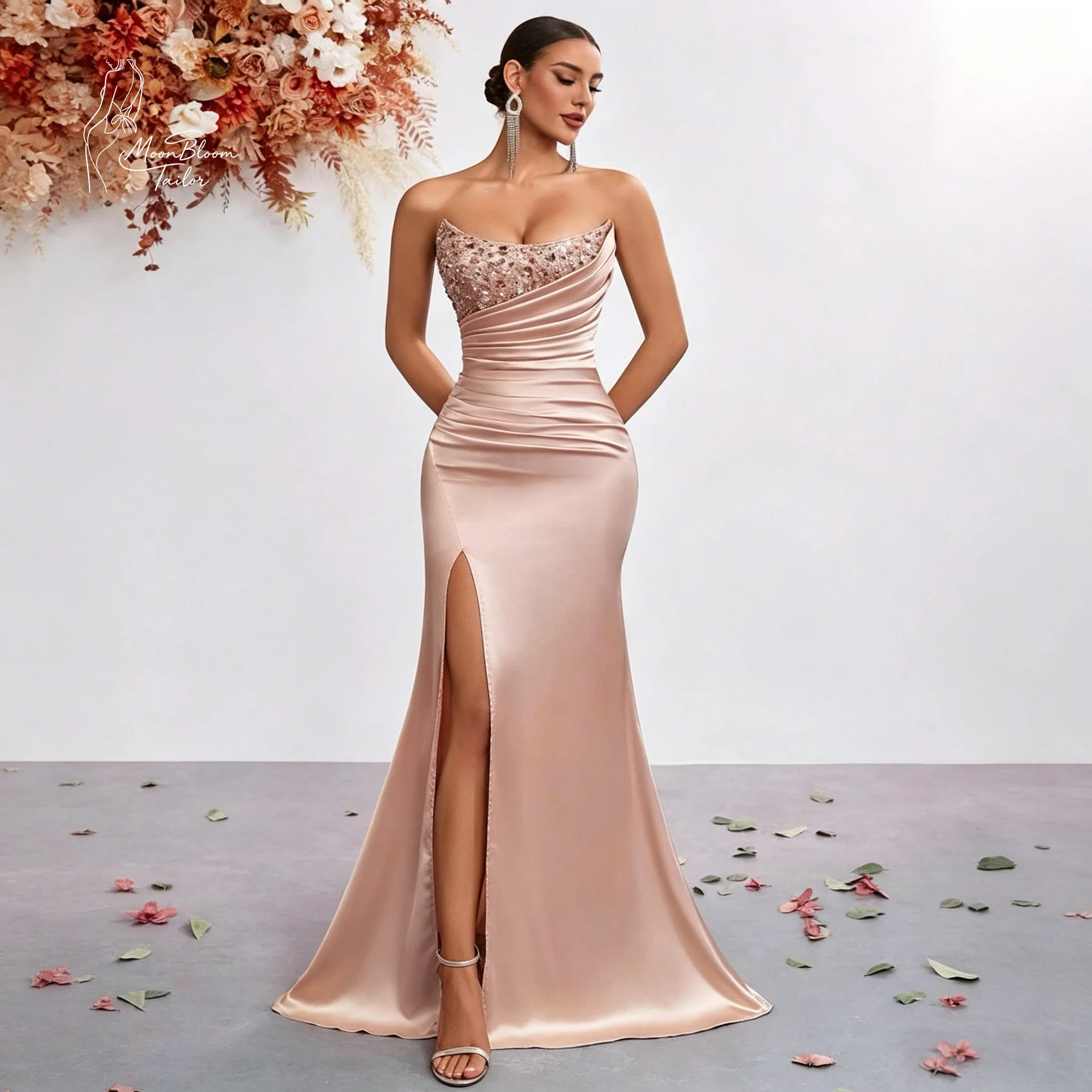

Champagne Strapless Ruched Satin Mermaid Gown with Beaded Bust & High Slit | Elegant Evening/Prom/Wedding Guest Dress